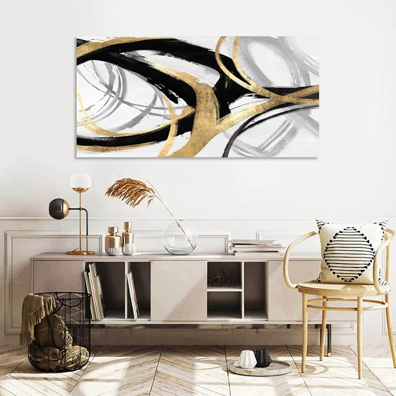 Black and white canvas print with gold foil accents, [dimensions], modern abstract design for [room type] — view 4