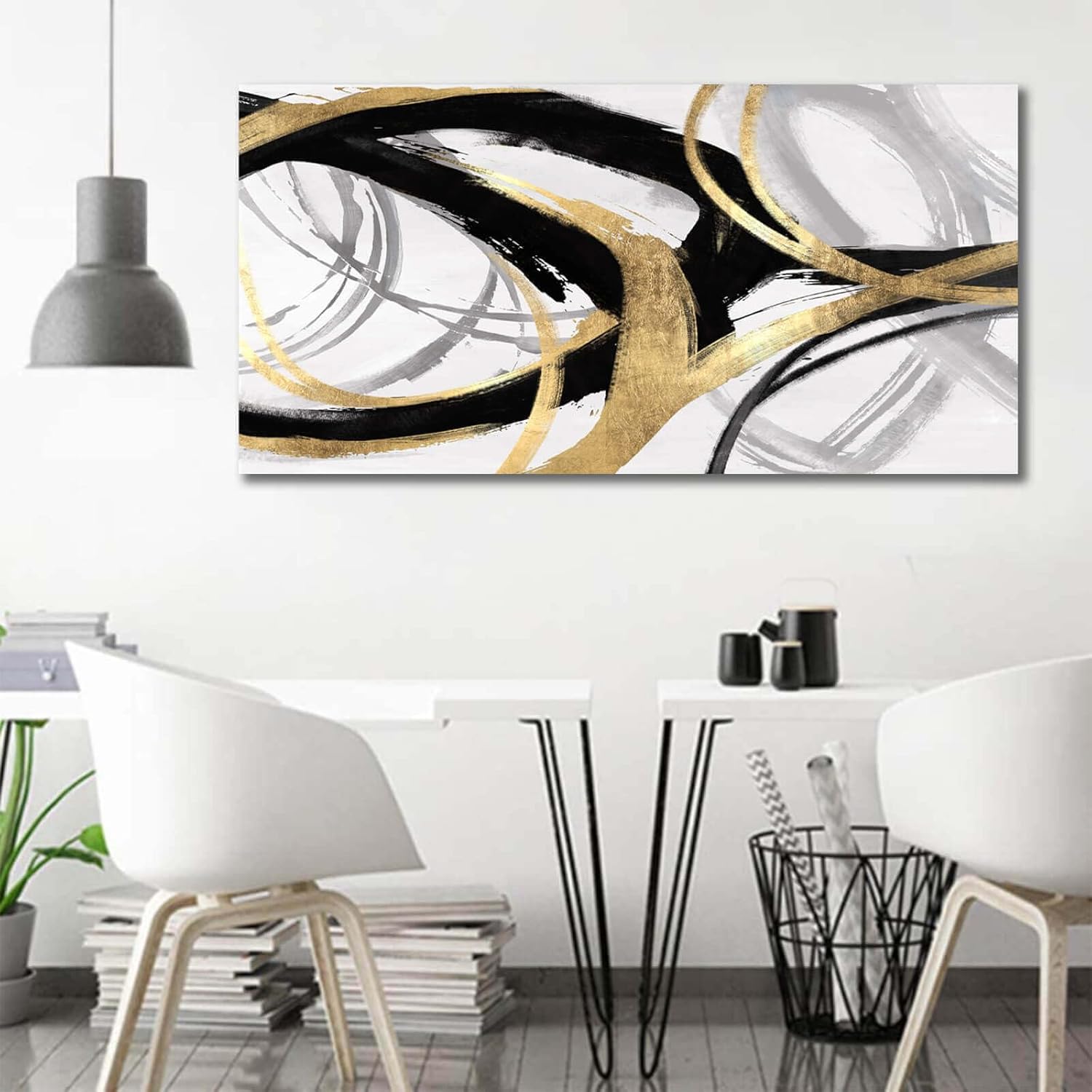 Black and white canvas print with gold foil accents, [dimensions], modern abstract design for [room type] — view 2