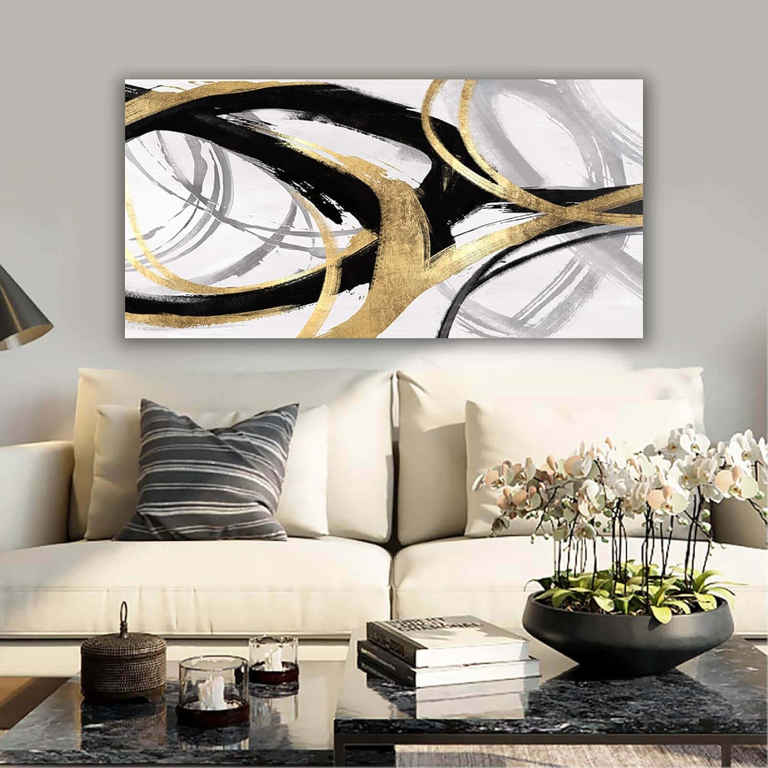 Black and white canvas print with gold foil accents, [dimensions], modern abstract design for [room type] — view 3