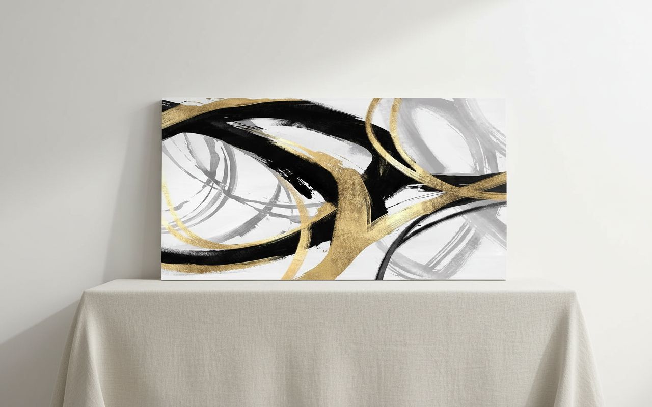 Black and white canvas print with gold foil accents, [dimensions], modern abstract design for [room type] — hero view 1