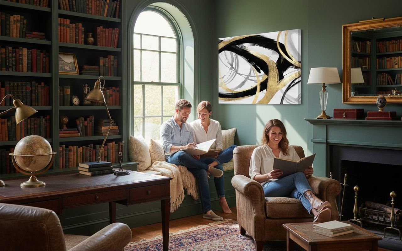 Black and white canvas print with gold foil accents, [dimensions], modern abstract design for [room type] — view 3b