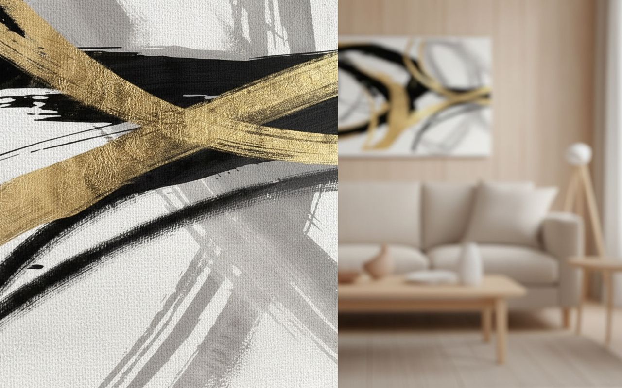 Black and white canvas print with gold foil accents, [dimensions], modern abstract design for [room type] — view 7