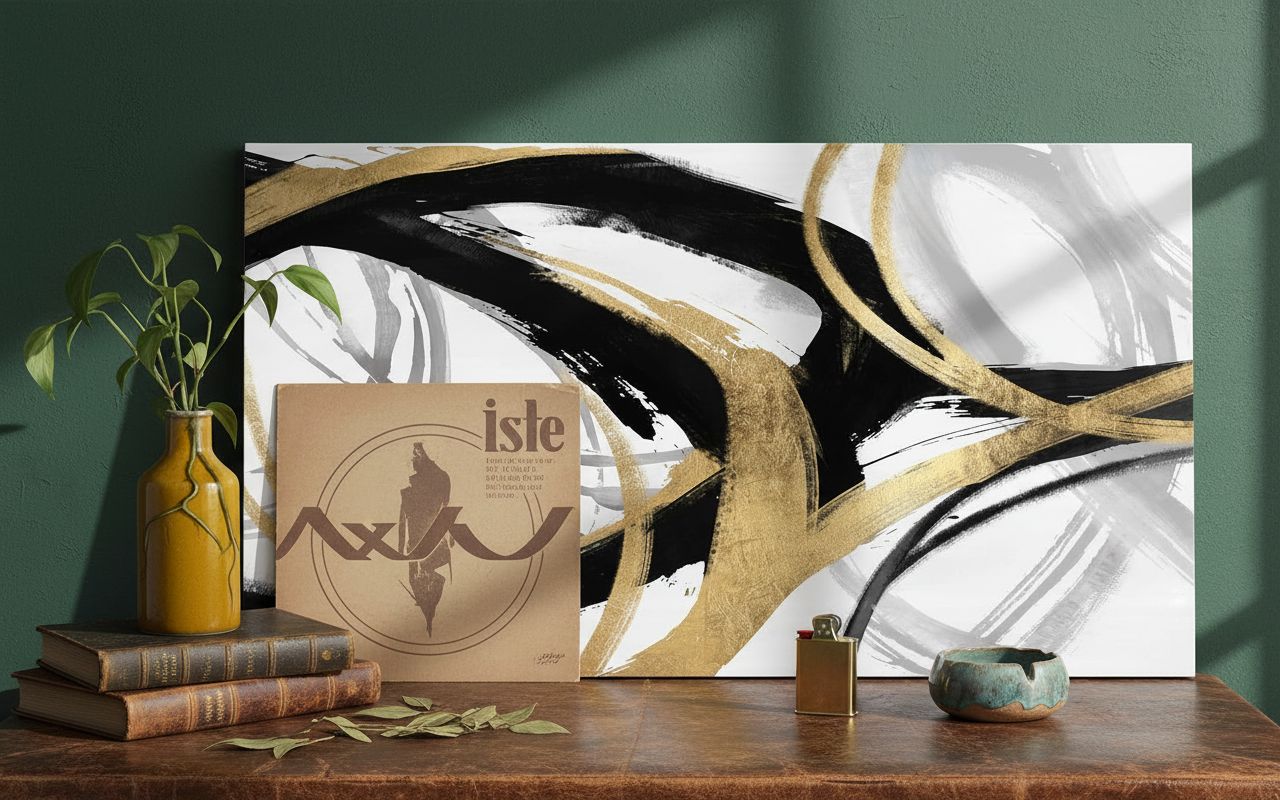 Black and white canvas print with gold foil accents, [dimensions], modern abstract design for [room type] — view 3a
