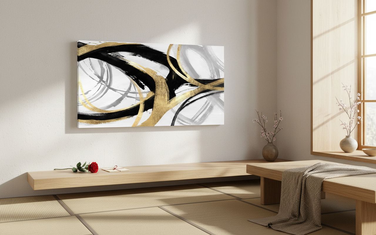 Black and white canvas print with gold foil accents, [dimensions], modern abstract design for [room type] — view 4