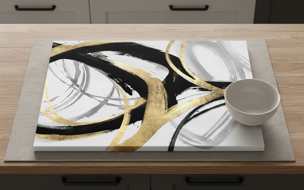 Black and white canvas print with gold foil accents, [dimensions], modern abstract design for [room type] — view 5a
