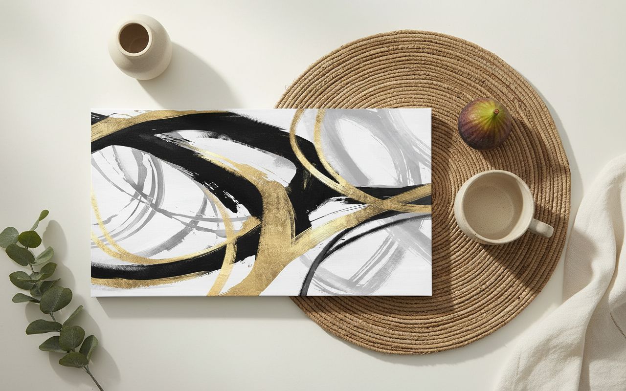 Black and white canvas print with gold foil accents, [dimensions], modern abstract design for [room type] — hero view 2