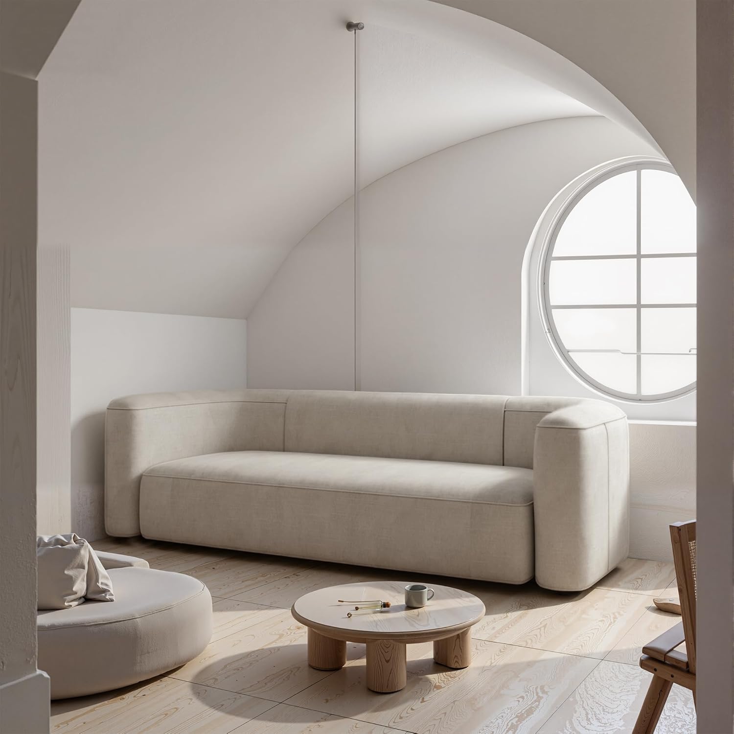 Modern 3-seater velvet sofa with curved back in neutral tone, wood frame detail — view 2