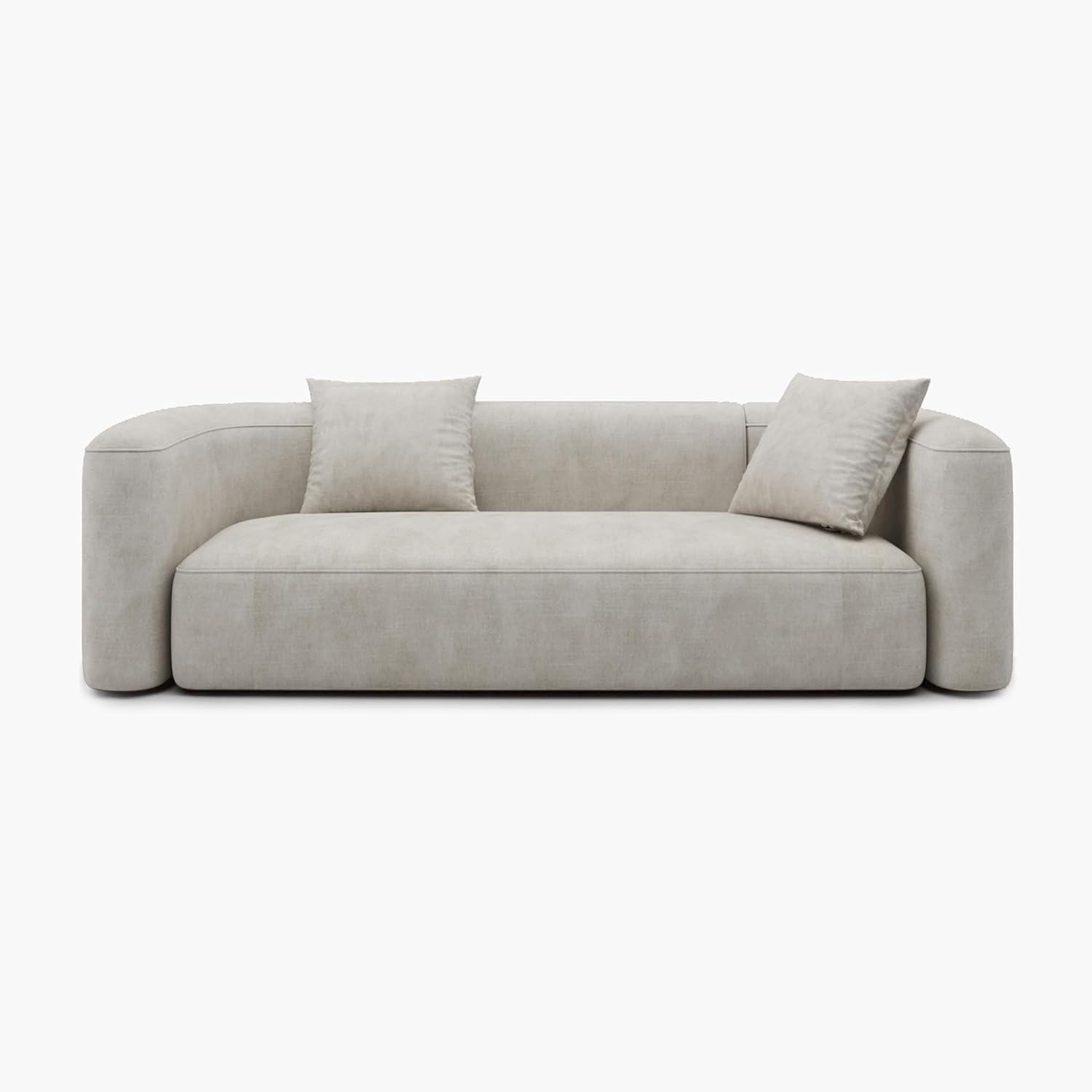 Modern 3-seater velvet sofa with curved back in neutral tone, wood frame detail — view 4