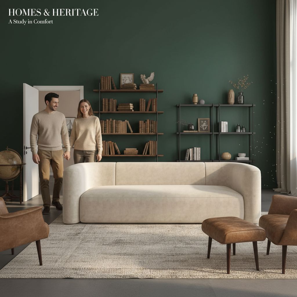 Modern 3-seater velvet sofa with curved back in neutral tone, wood frame detail — view 3b