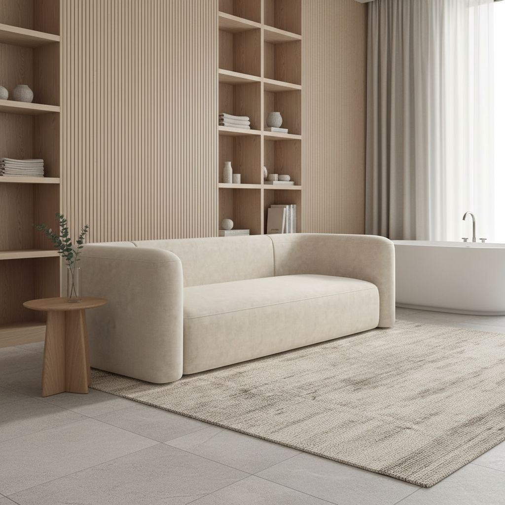 Modern 3-seater velvet sofa with curved back in neutral tone, wood frame detail — view 5b