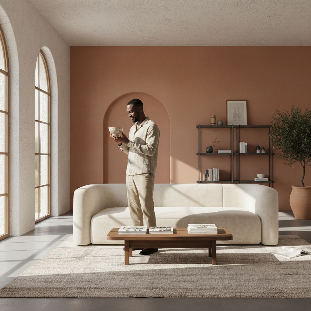 Modern 3-seater velvet sofa with curved back in neutral tone, wood frame detail — view 2