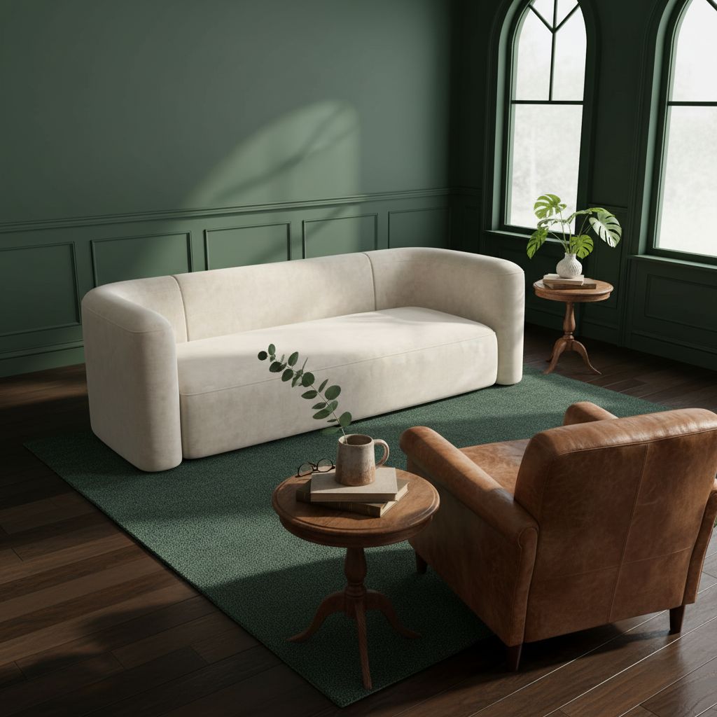 Modern 3-seater velvet sofa with curved back in neutral tone, wood frame detail — view 3a