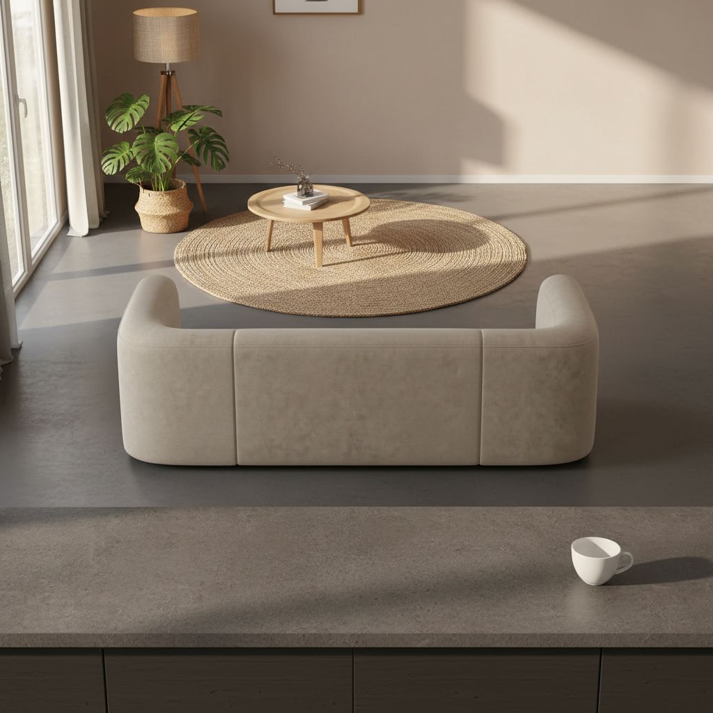 Modern 3-seater velvet sofa with curved back in neutral tone, wood frame detail — view 5a