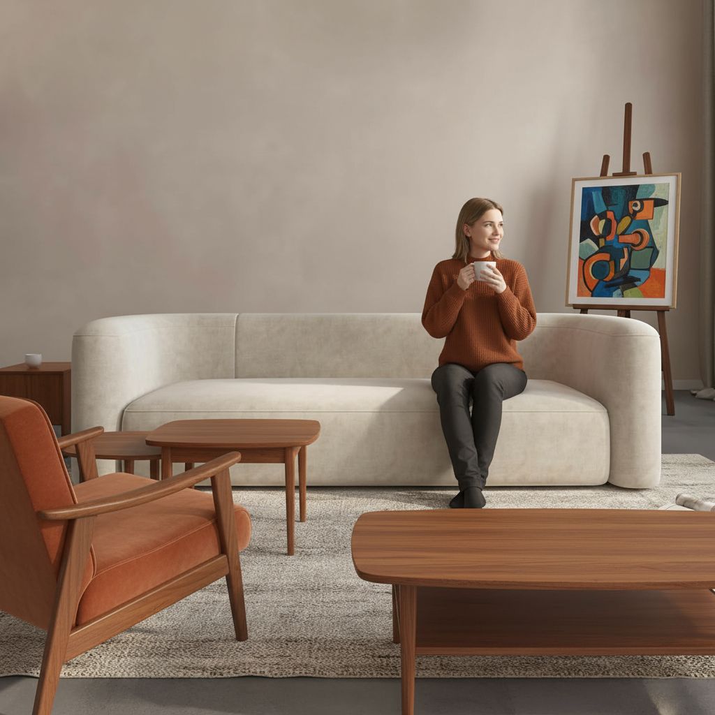 Modern 3-seater velvet sofa with curved back in neutral tone, wood frame detail — view 6