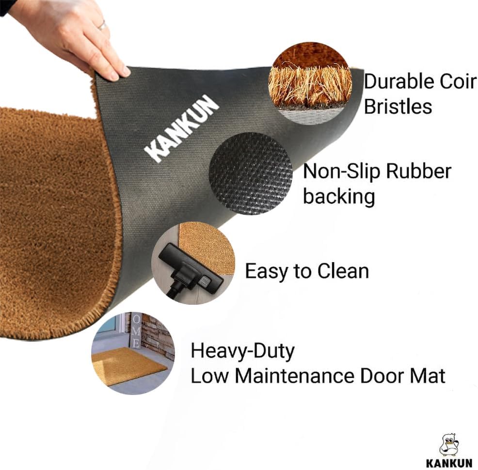 Rectangular coco coir door mat with rubber backing in neutral tone, shown at entryway entrance — view 4