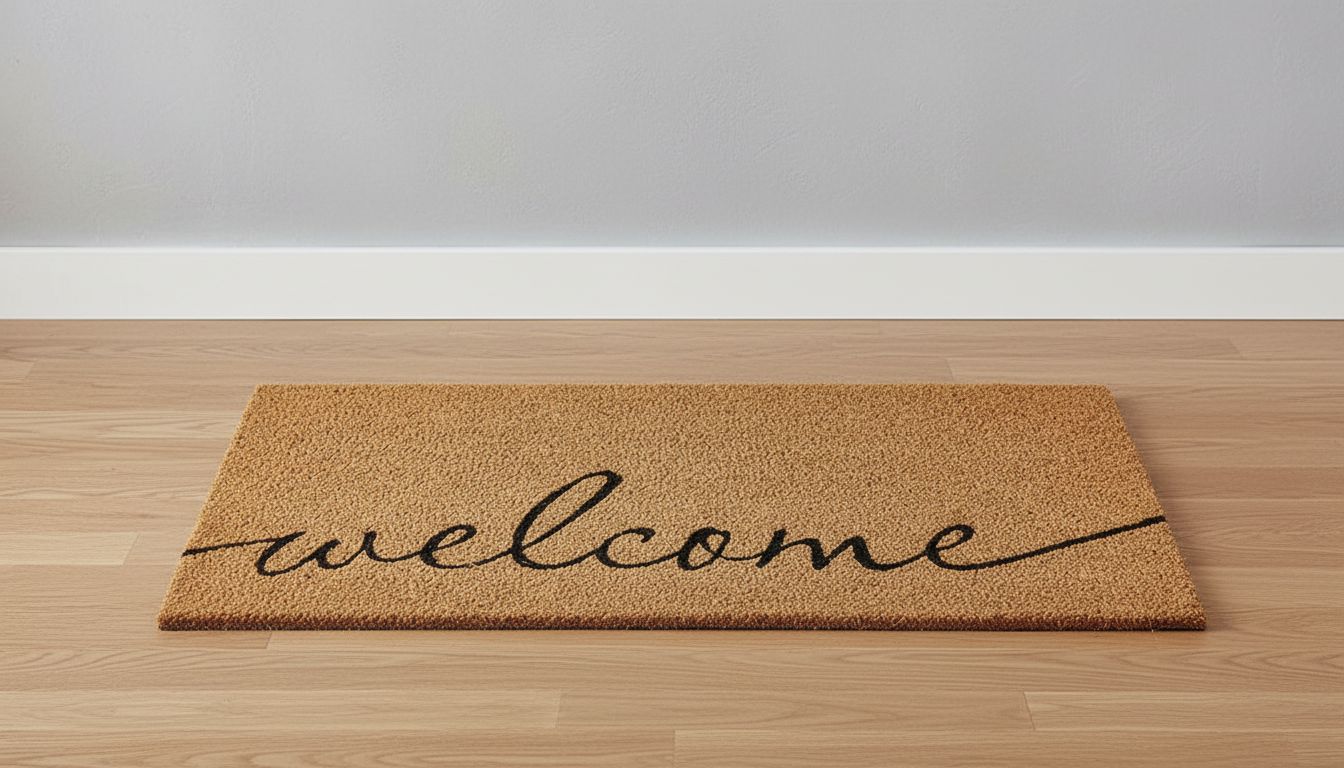 Rectangular coco coir door mat with rubber backing in neutral tone, shown at entryway entrance — hero view 1