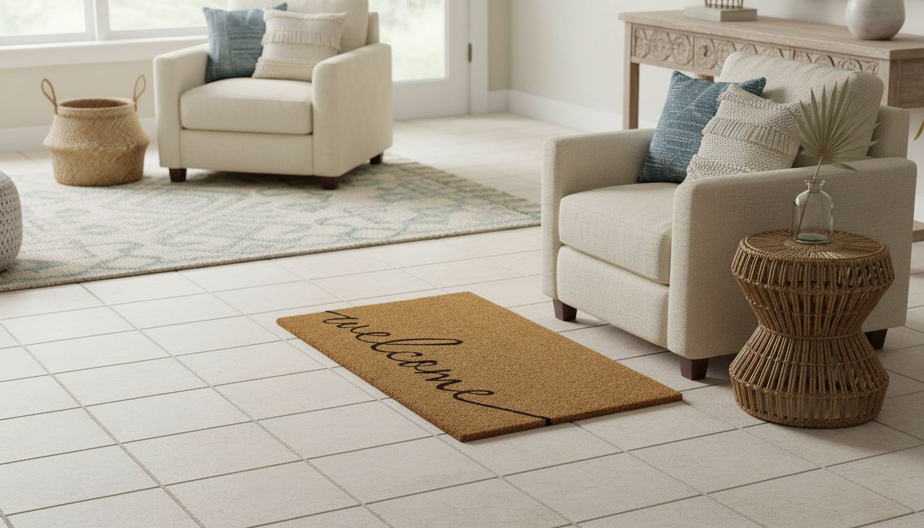 Rectangular coco coir door mat with rubber backing in neutral tone, shown at entryway entrance — view 5b