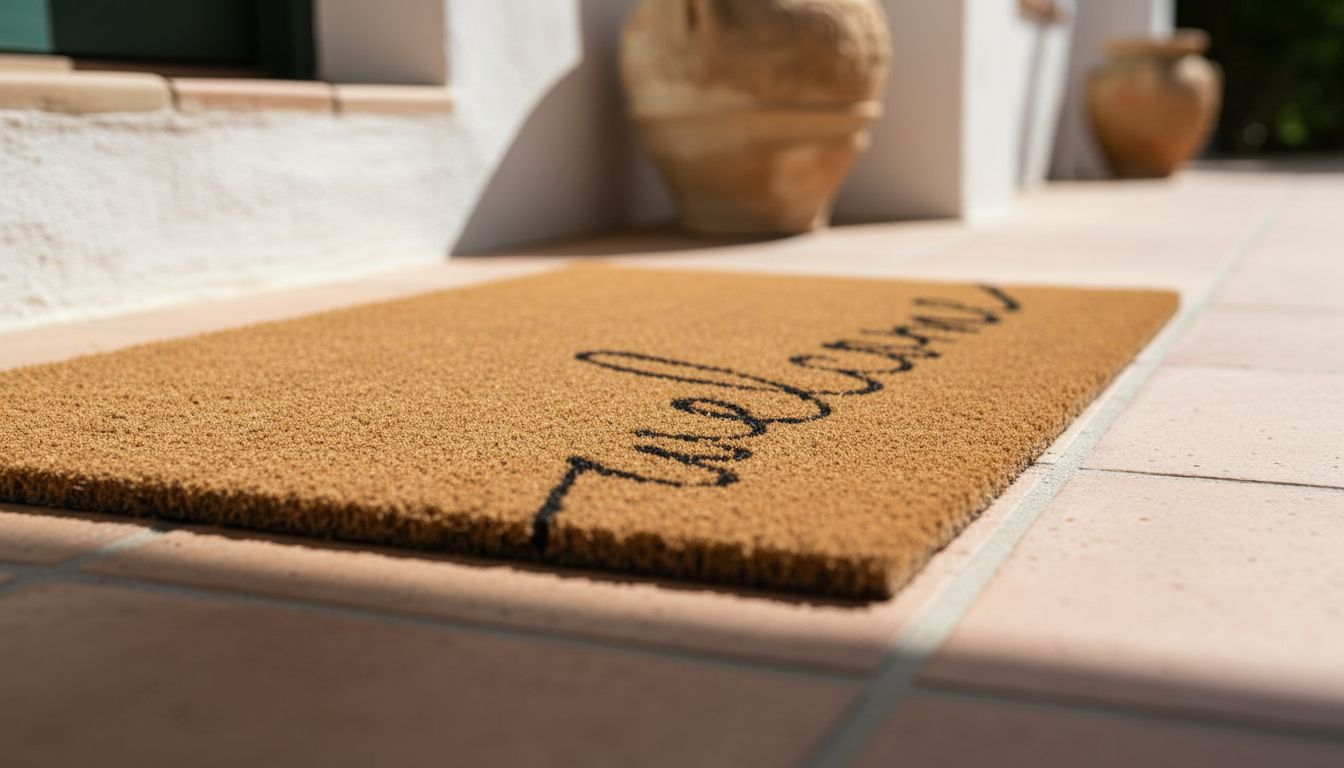 Rectangular coco coir door mat with rubber backing in neutral tone, shown at entryway entrance — view 7