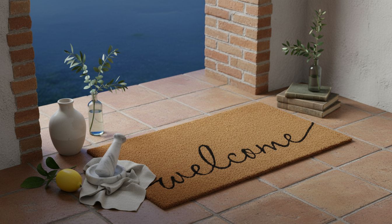 Rectangular coco coir door mat with rubber backing in neutral tone, shown at entryway entrance — view 3a