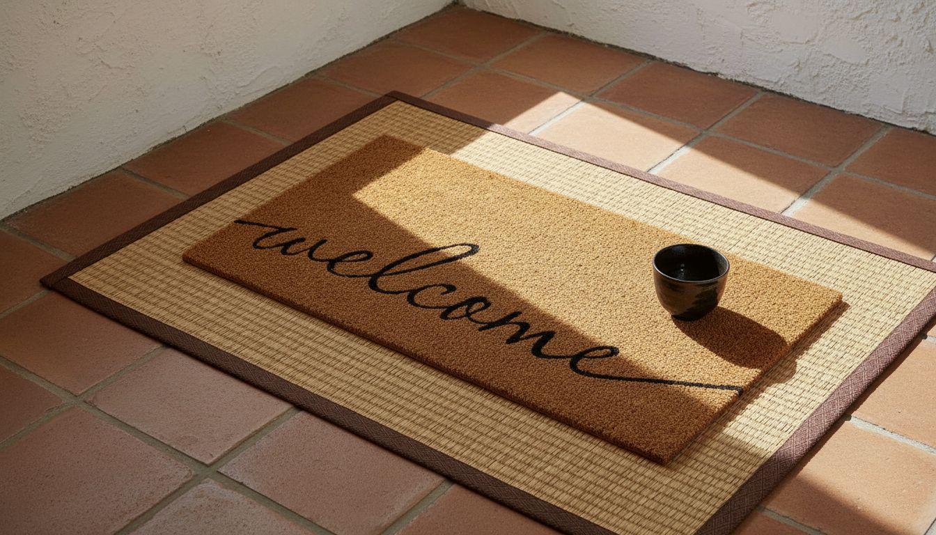 Rectangular coco coir door mat with rubber backing in neutral tone, shown at entryway entrance — view 5a