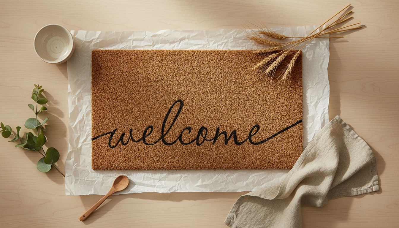 Rectangular coco coir door mat with rubber backing in neutral tone, shown at entryway entrance — hero view 2