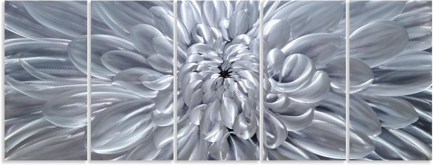 [5-piece set / individual piece] silver aluminum floral wall sculpture with [specific flower detail], modern farmhouse style for living room — view 1
