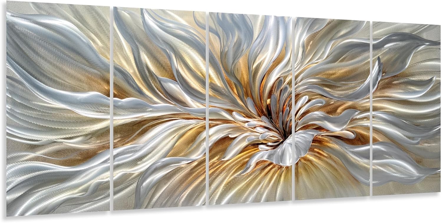 [5-piece set / individual piece] silver aluminum floral wall sculpture with [specific flower detail], modern farmhouse style for living room — view 4