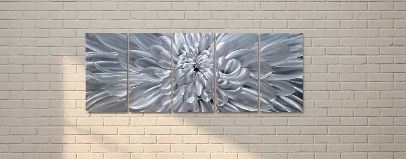 [5-piece set / individual piece] silver aluminum floral wall sculpture with [specific flower detail], modern farmhouse style for living room — hero view 1