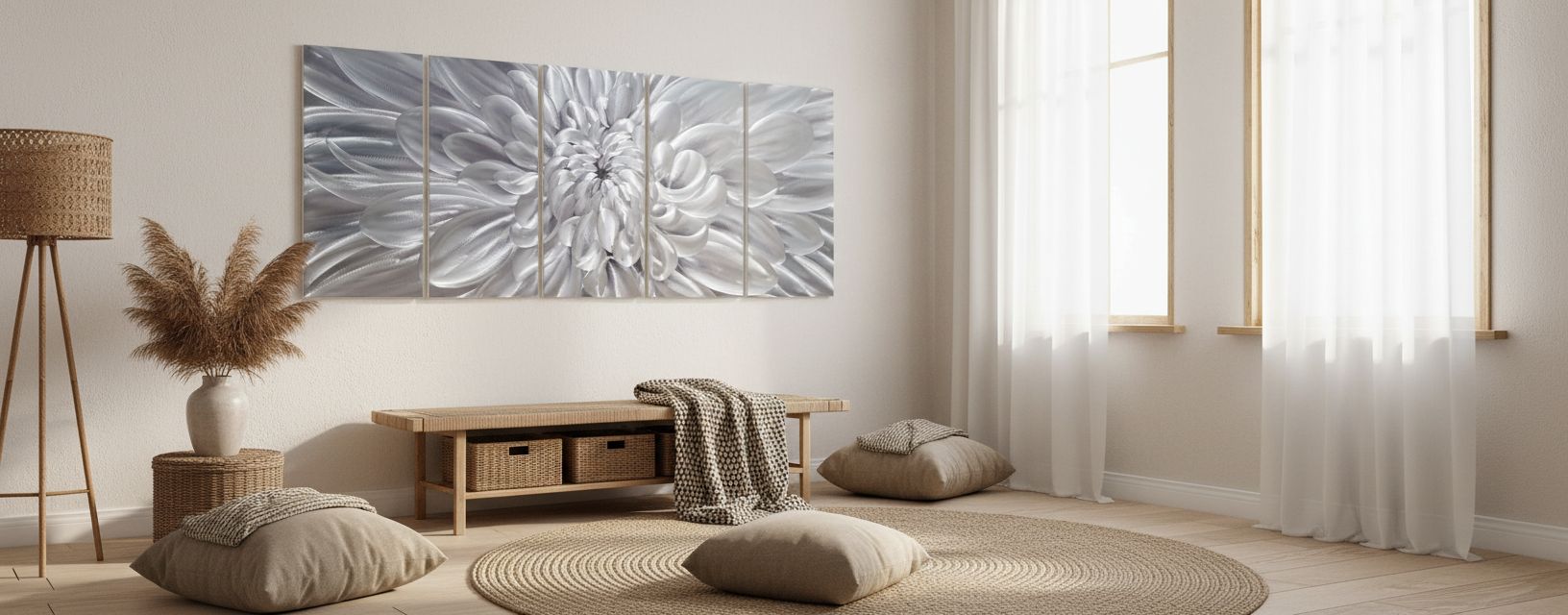[5-piece set / individual piece] silver aluminum floral wall sculpture with [specific flower detail], modern farmhouse style for living room — view 5b