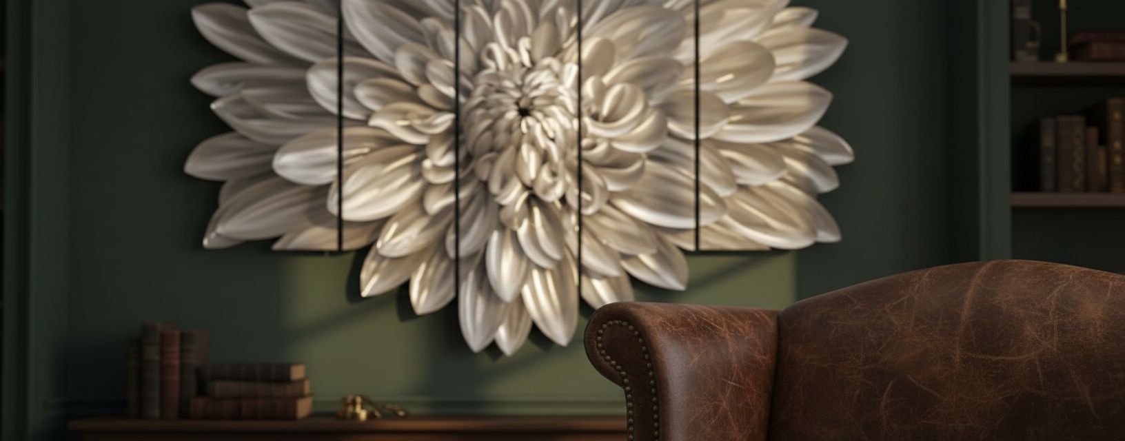[5-piece set / individual piece] silver aluminum floral wall sculpture with [specific flower detail], modern farmhouse style for living room — view 7