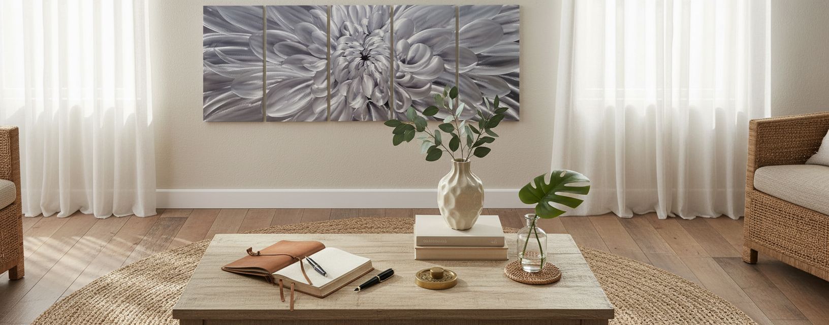 [5-piece set / individual piece] silver aluminum floral wall sculpture with [specific flower detail], modern farmhouse style for living room — view 3a