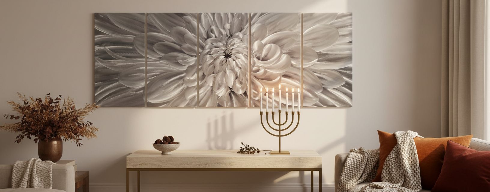 [5-piece set / individual piece] silver aluminum floral wall sculpture with [specific flower detail], modern farmhouse style for living room — view 4