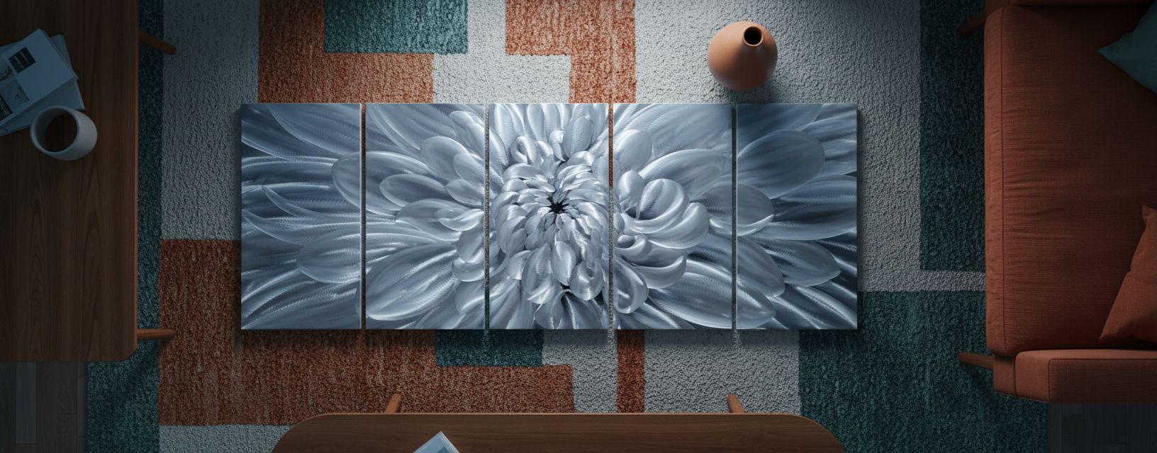 [5-piece set / individual piece] silver aluminum floral wall sculpture with [specific flower detail], modern farmhouse style for living room — view 5a