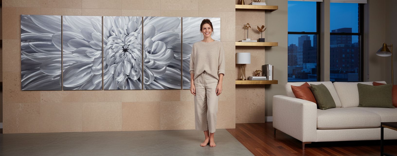 [5-piece set / individual piece] silver aluminum floral wall sculpture with [specific flower detail], modern farmhouse style for living room — view 6