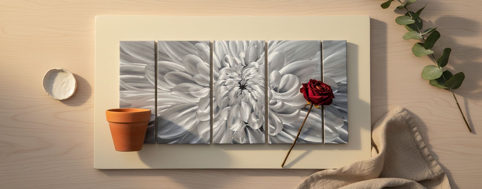 [5-piece set / individual piece] silver aluminum floral wall sculpture with [specific flower detail], modern farmhouse style for living room — hero view 2