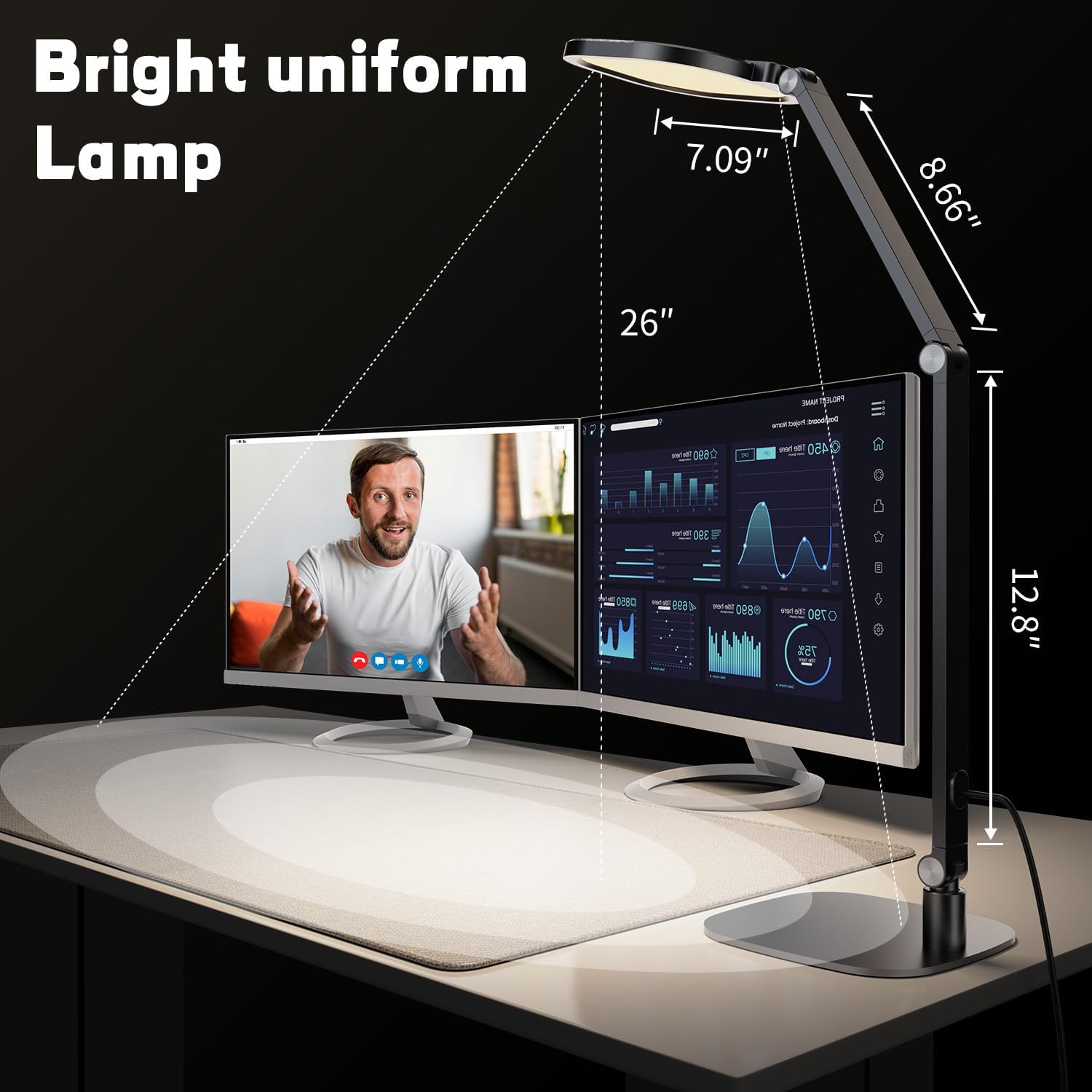{color} metal desk lamp with adjustable swing arm and LED diffuser, shown in home office setting — view 3