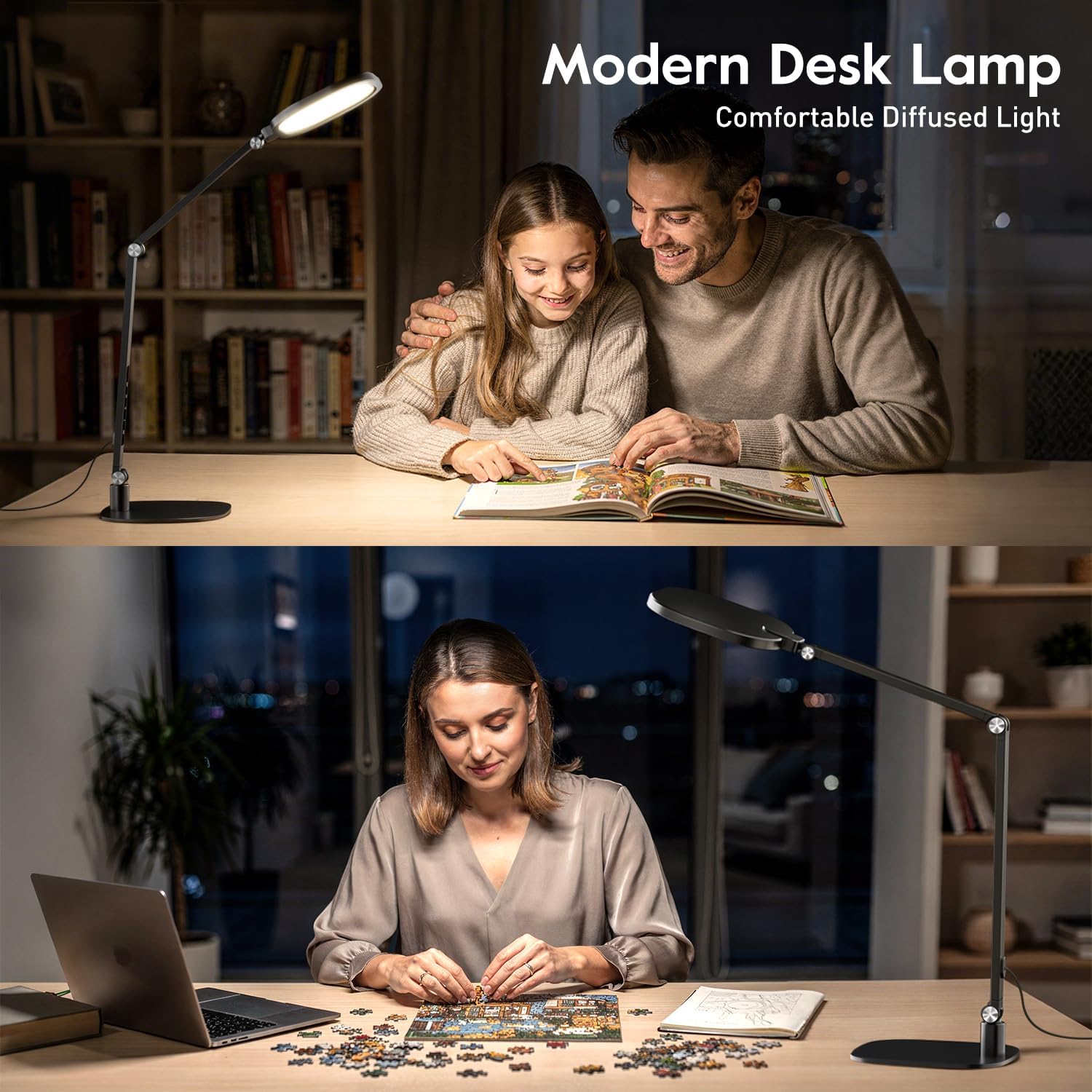 {color} metal desk lamp with adjustable swing arm and LED diffuser, shown in home office setting — view 4
