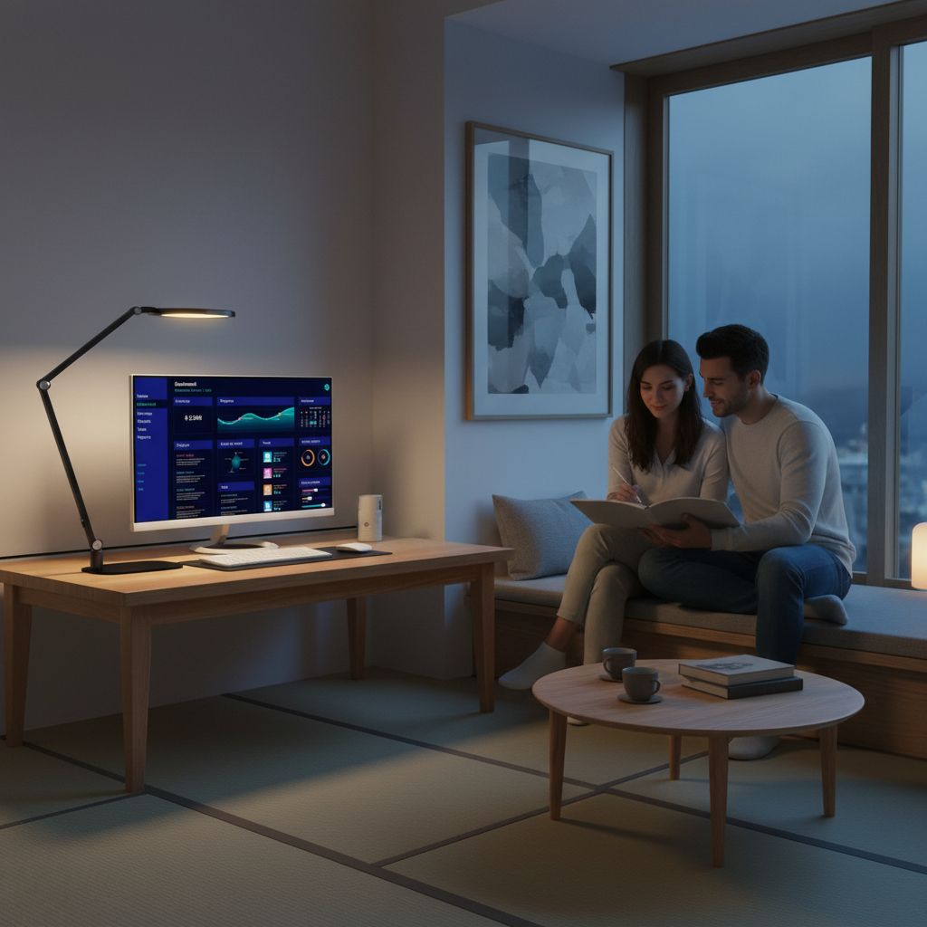 {color} metal desk lamp with adjustable swing arm and LED diffuser, shown in home office setting — view 3b