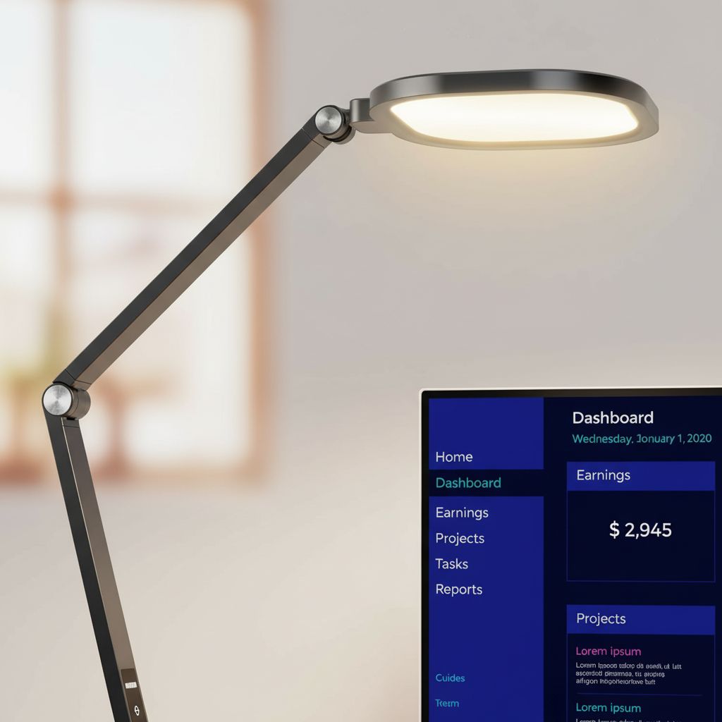 {color} metal desk lamp with adjustable swing arm and LED diffuser, shown in home office setting — view 7