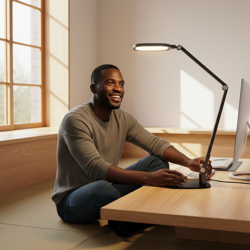 {color} metal desk lamp with adjustable swing arm and LED diffuser, shown in home office setting — view 2