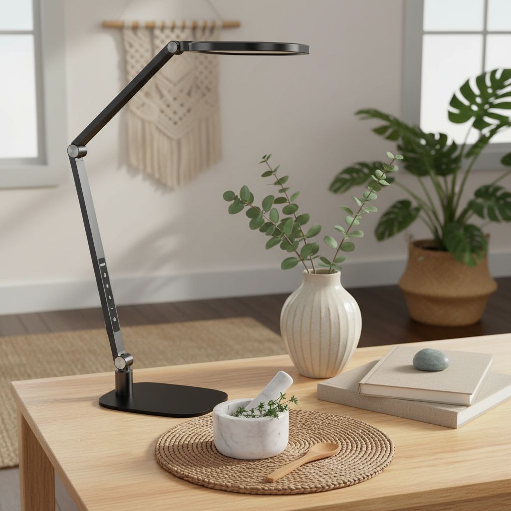 {color} metal desk lamp with adjustable swing arm and LED diffuser, shown in home office setting — view 3a