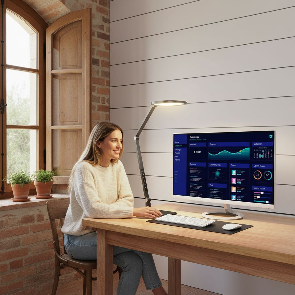 {color} metal desk lamp with adjustable swing arm and LED diffuser, shown in home office setting — view 6