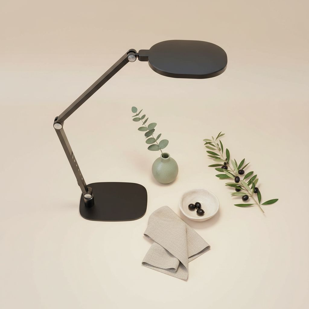 {color} metal desk lamp with adjustable swing arm and LED diffuser, shown in home office setting — hero view 2