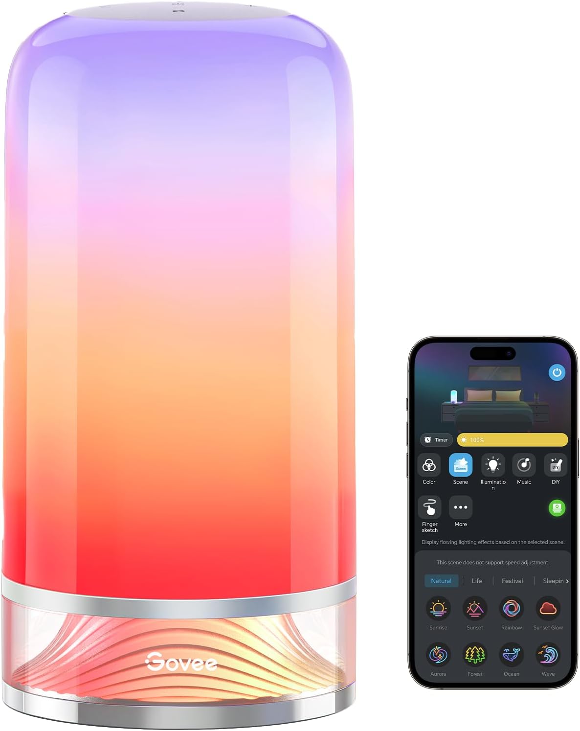 [Color] smart table lamp with touch control and glass diffuser, shown on bedroom nightstand — view 1