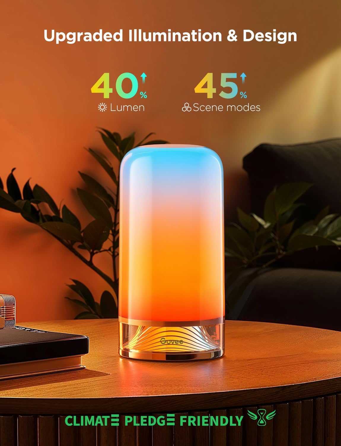 [Color] smart table lamp with touch control and glass diffuser, shown on bedroom nightstand — view 2