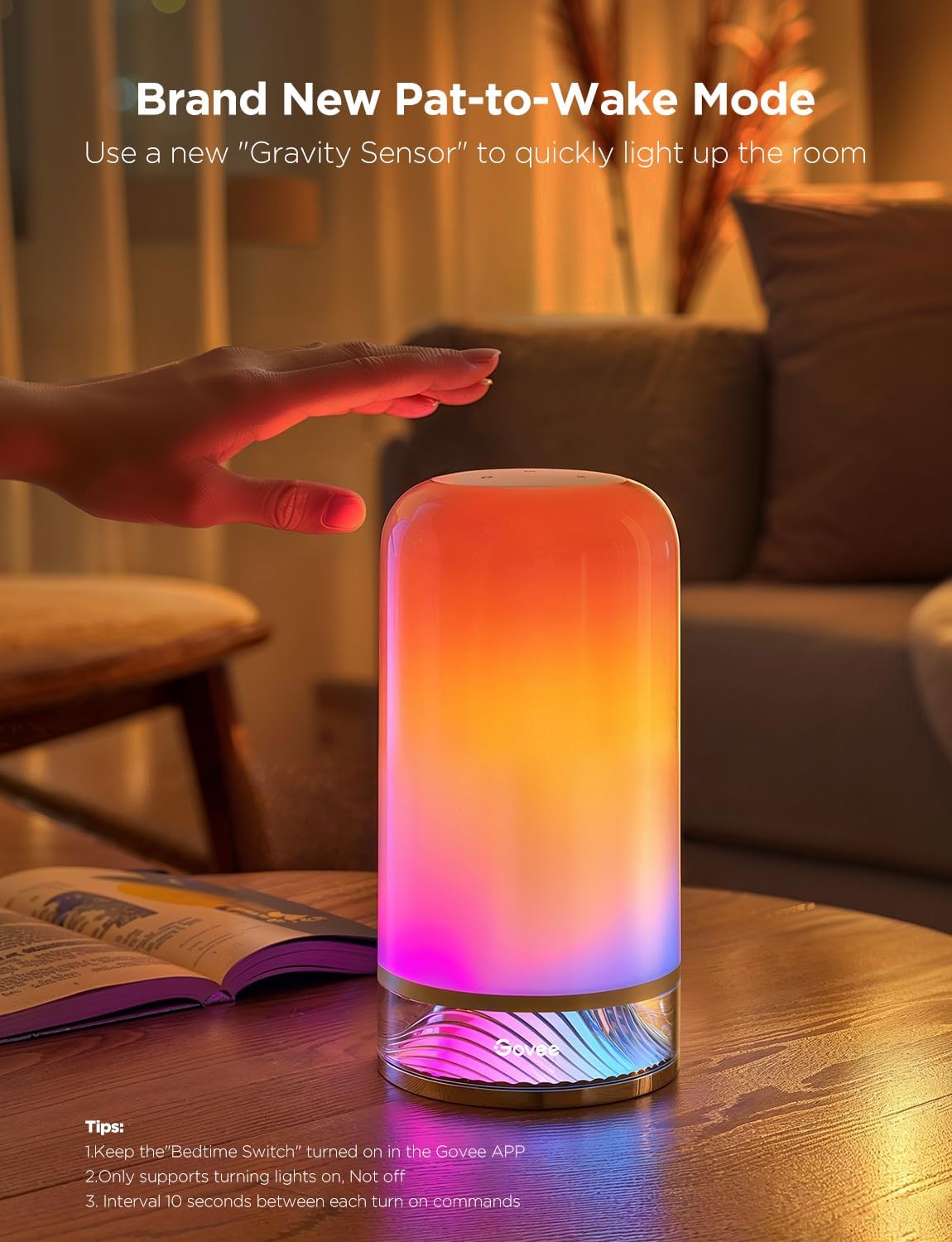 [Color] smart table lamp with touch control and glass diffuser, shown on bedroom nightstand — view 4