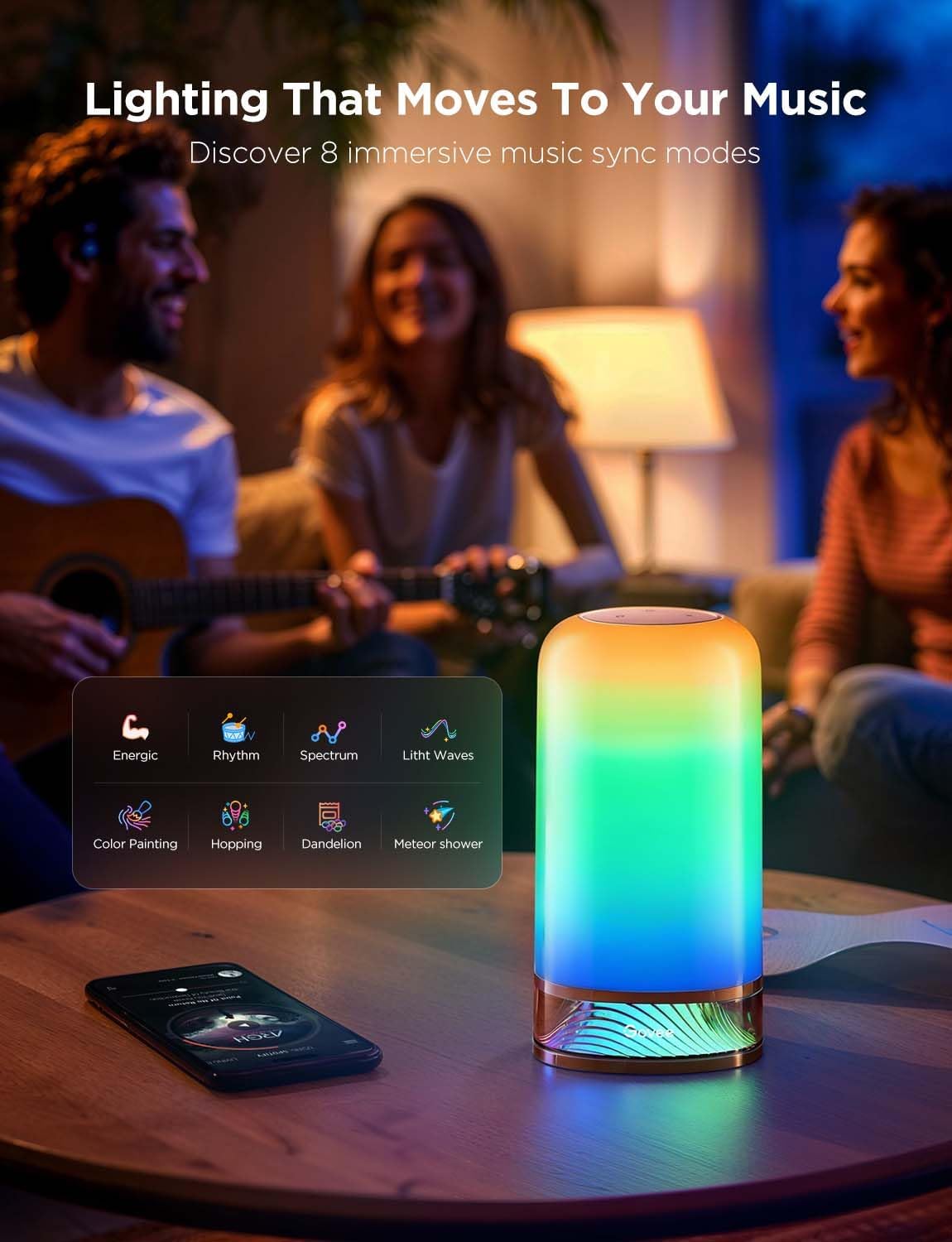 [Color] smart table lamp with touch control and glass diffuser, shown on bedroom nightstand — view 2