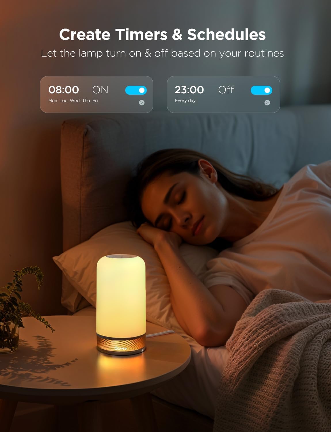 [Color] smart table lamp with touch control and glass diffuser, shown on bedroom nightstand — view 4