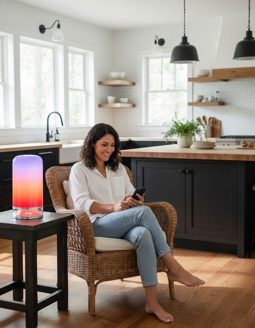 [Color] smart table lamp with touch control and glass diffuser, shown on bedroom nightstand — view 3b