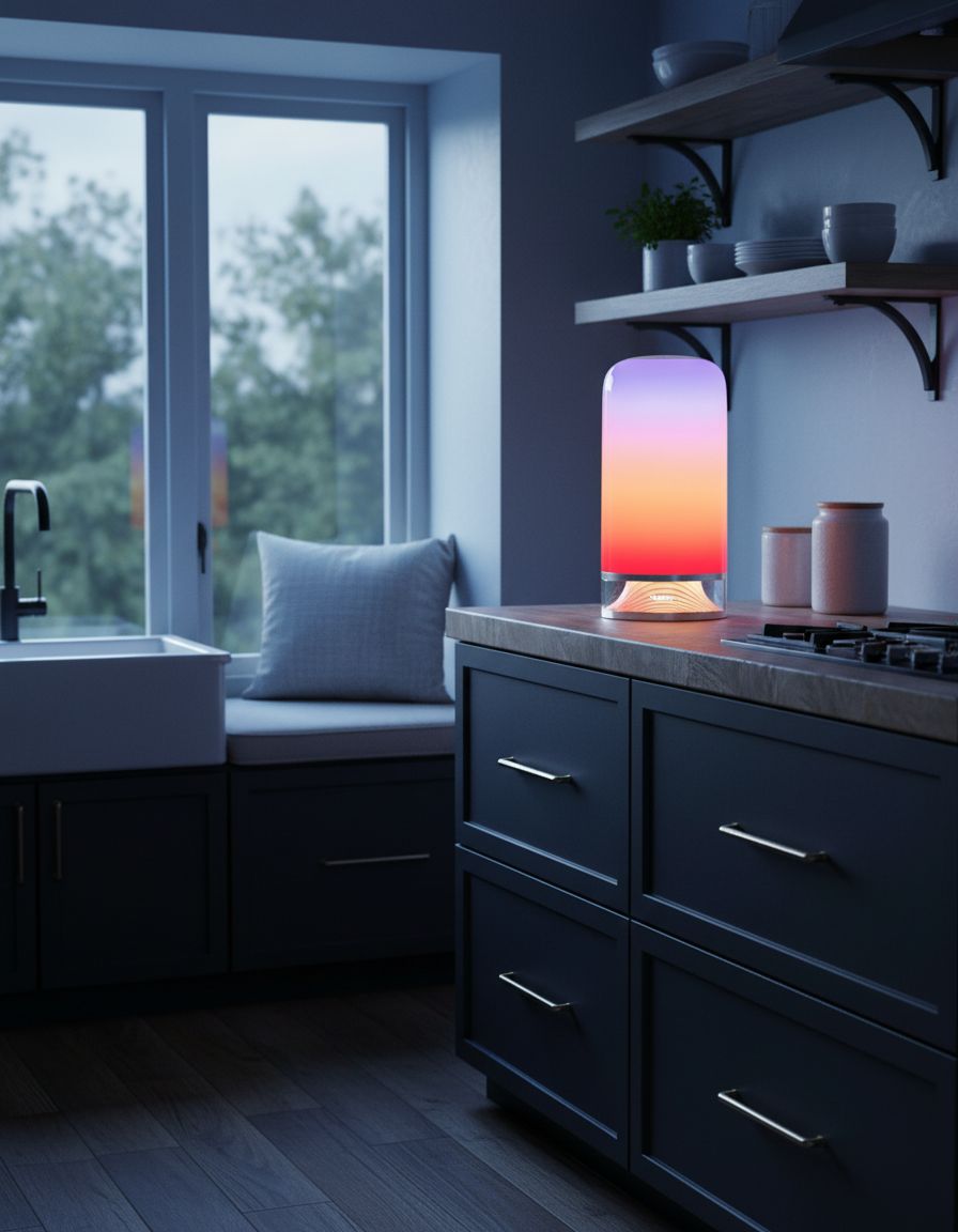 [Color] smart table lamp with touch control and glass diffuser, shown on bedroom nightstand — view 5b